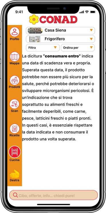 Cucina virtuale con frigorifero e spiegazione della dicitura consumare entro