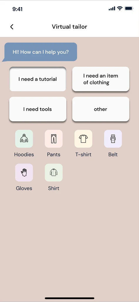 Chat del Virtual Tailor con quattro opzioni