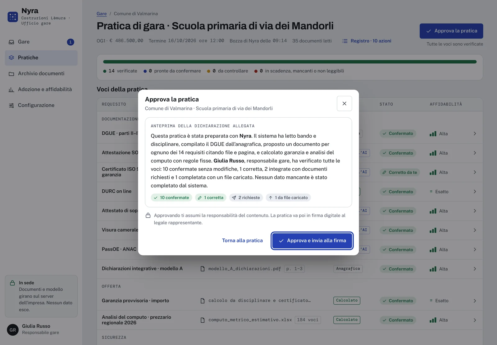 Finestra di approvazione con l’anteprima della dichiarazione: voci confermate, corrette, richieste e rigenerate.