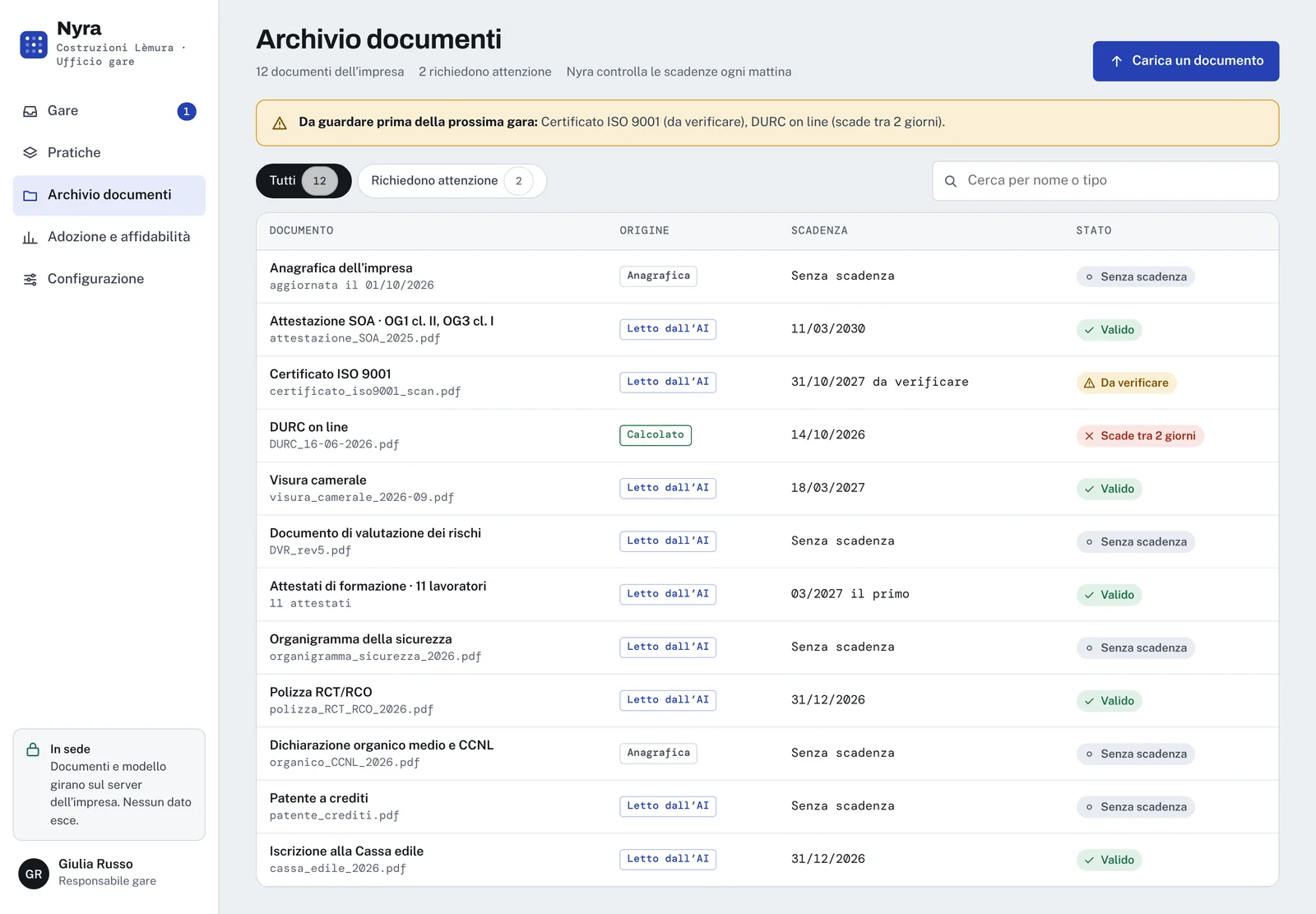 Archivio documenti con origine, scadenza e stato di ogni documento.