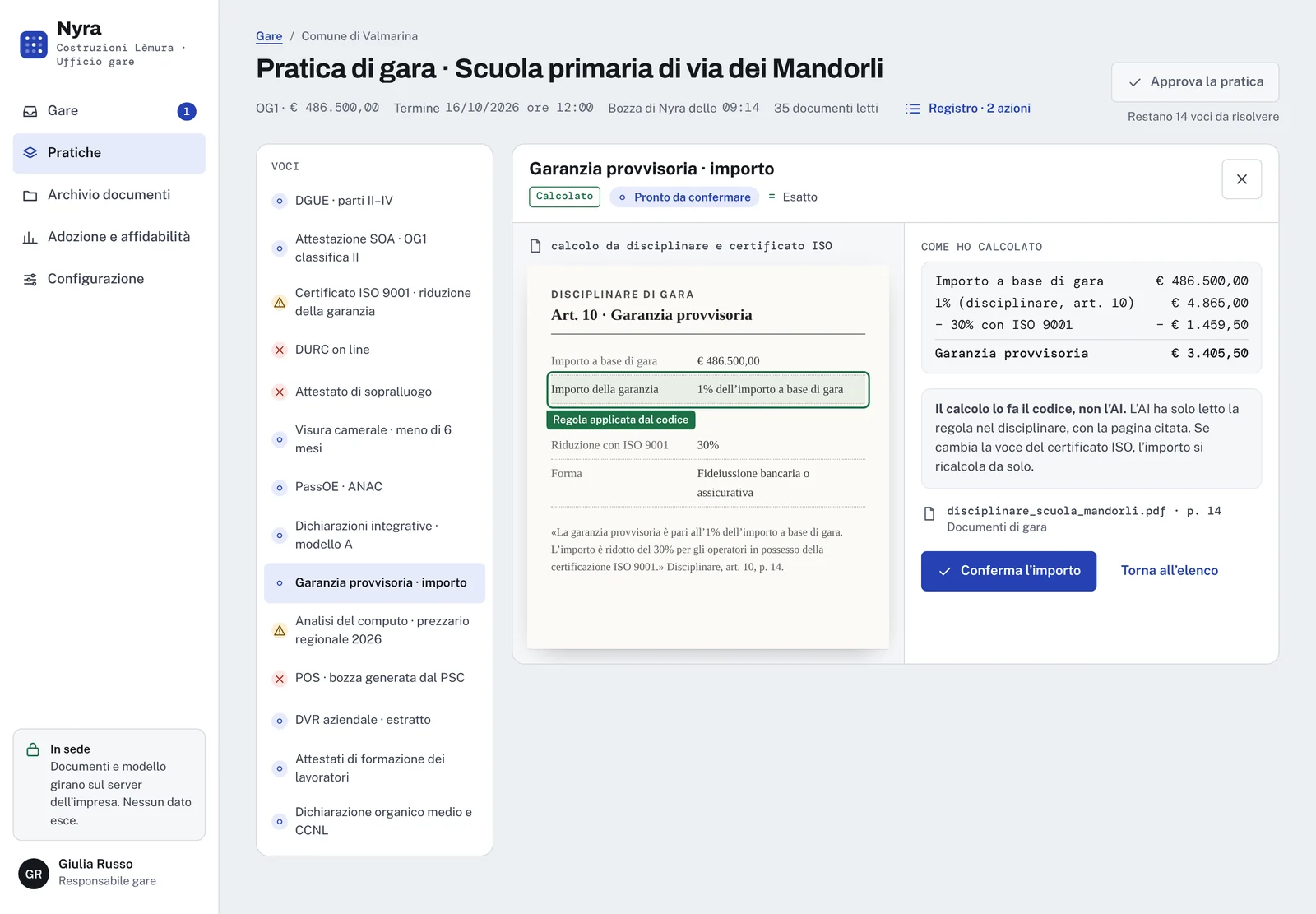Voce della garanzia provvisoria con il calcolo passo per passo: 1% di 486.500 euro, meno 30% con ISO 9001, totale 3.405,50 euro.