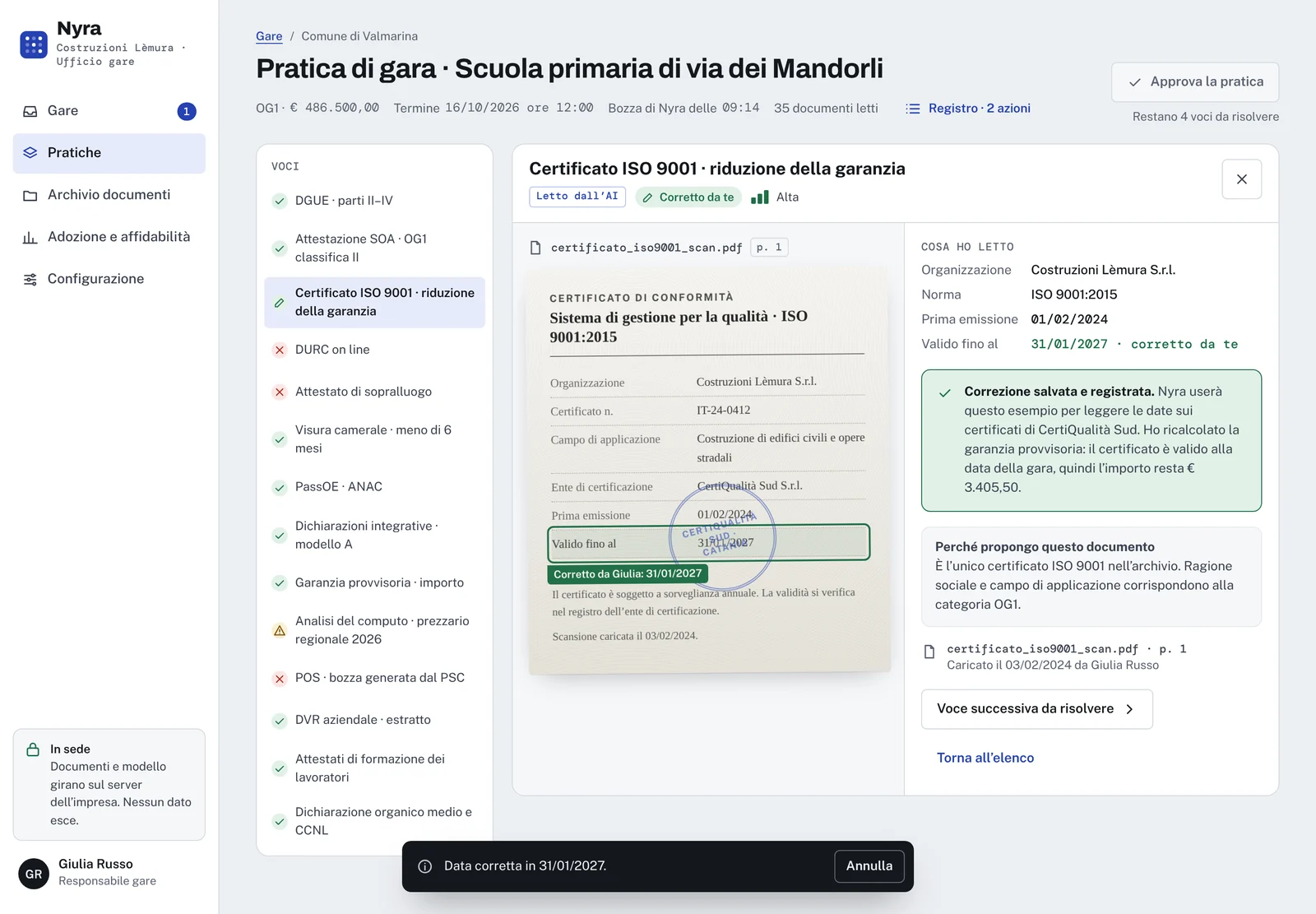 La data corretta in verde, un messaggio che spiega che la garanzia provvisoria è stata ricalcolata e una notifica con il pulsante Annulla.