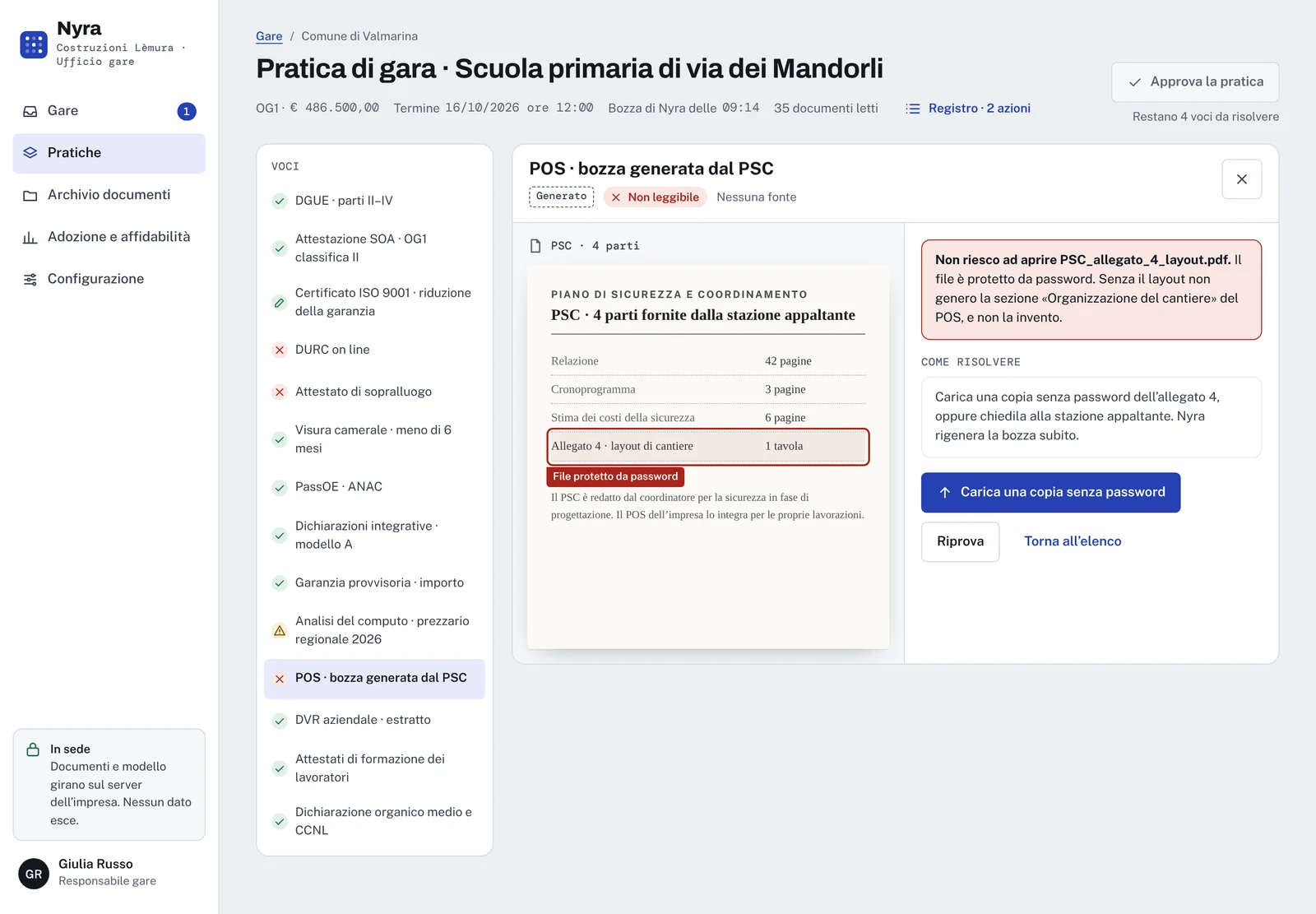 Errore di lettura: allegato del PSC protetto da password e sezione del POS lasciata vuota.