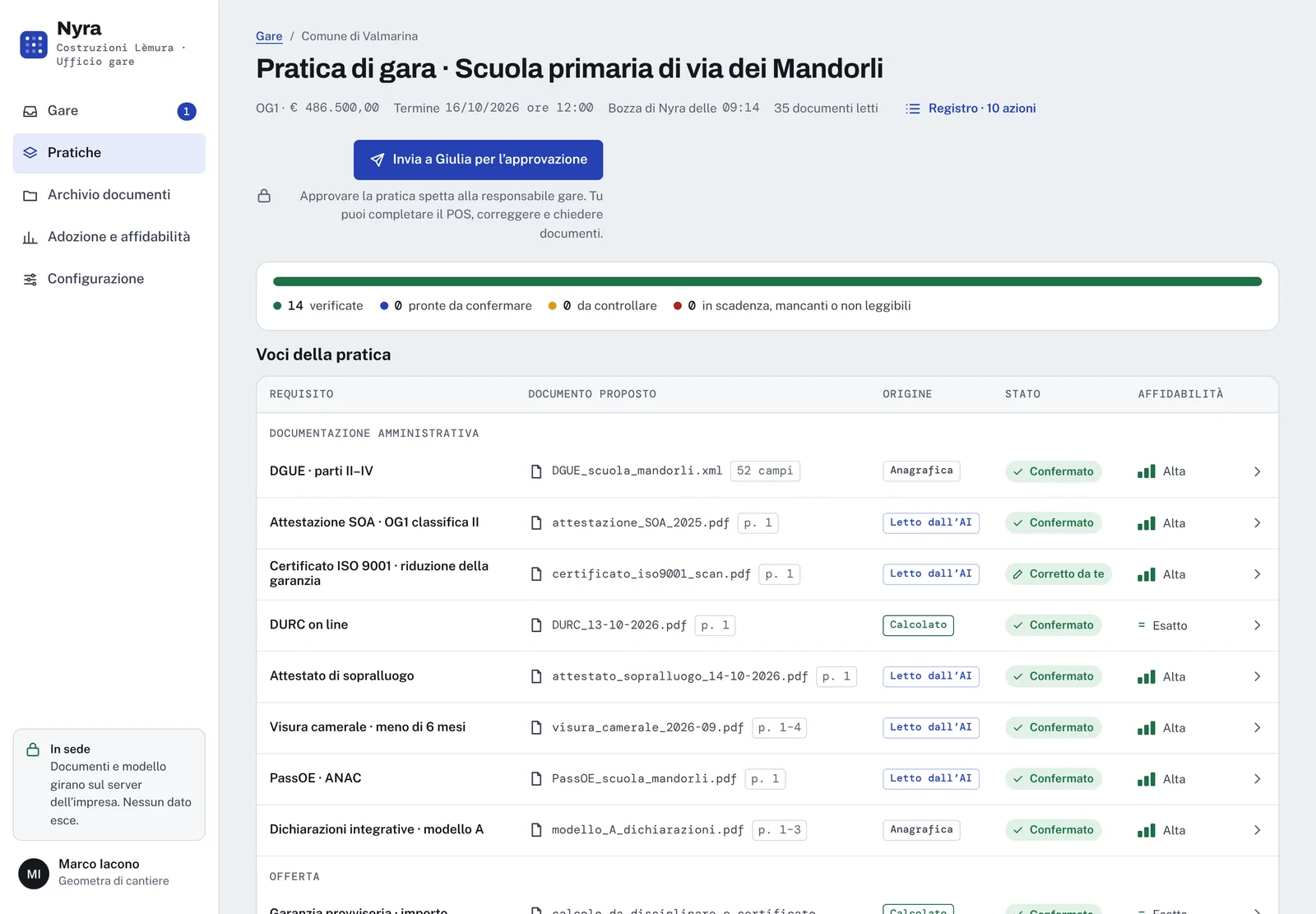 Vista del geometra: al posto di Approva c’è Invia per l’approvazione.
