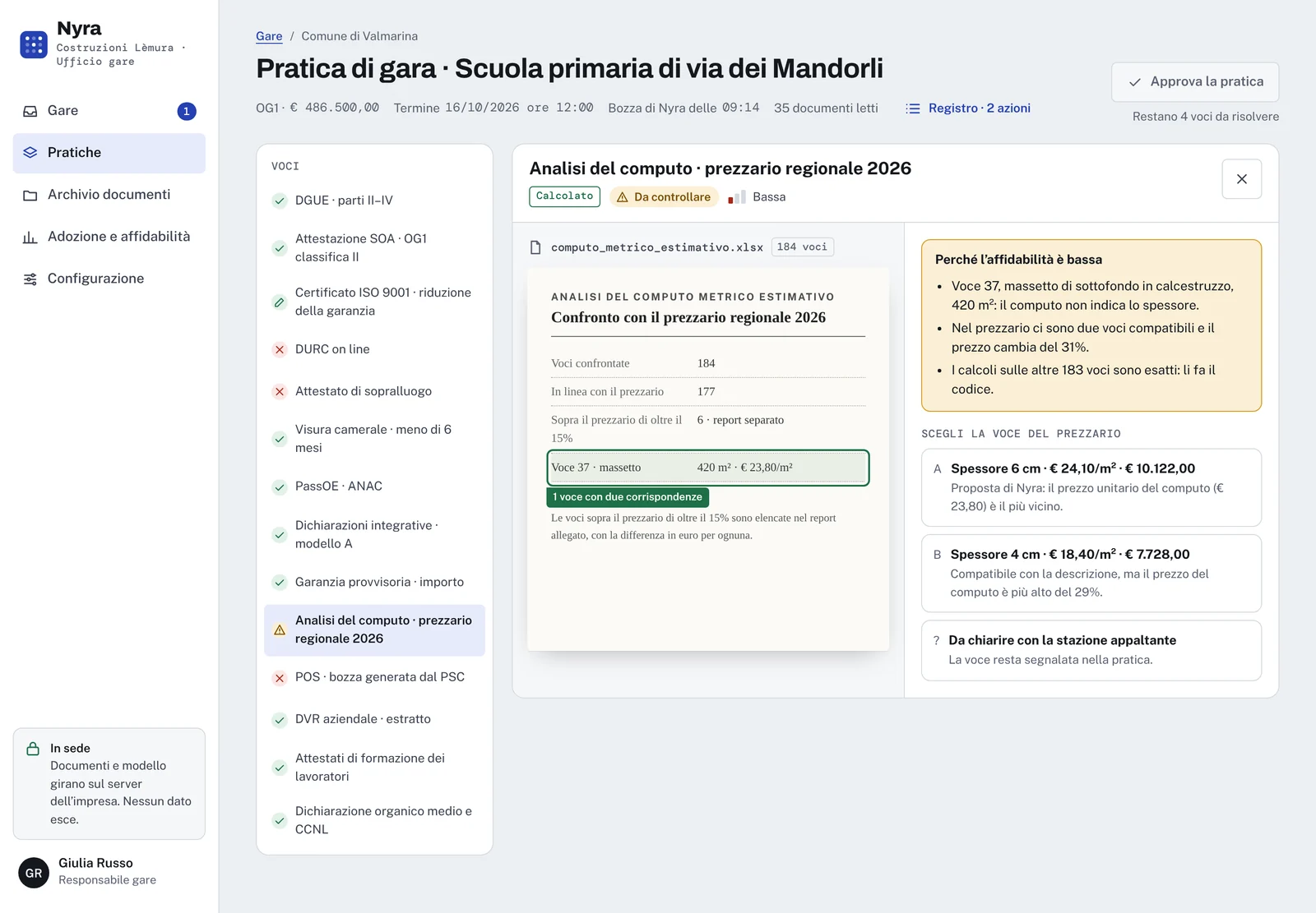 Analisi del computo con due voci del prezzario compatibili e la proposta del sistema.