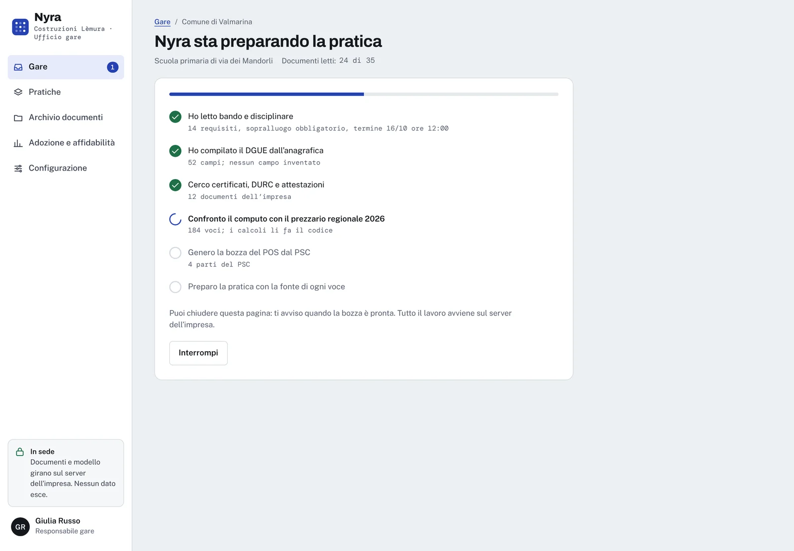 Il sistema al lavoro: passaggi completati e documenti letti, 24 di 35.