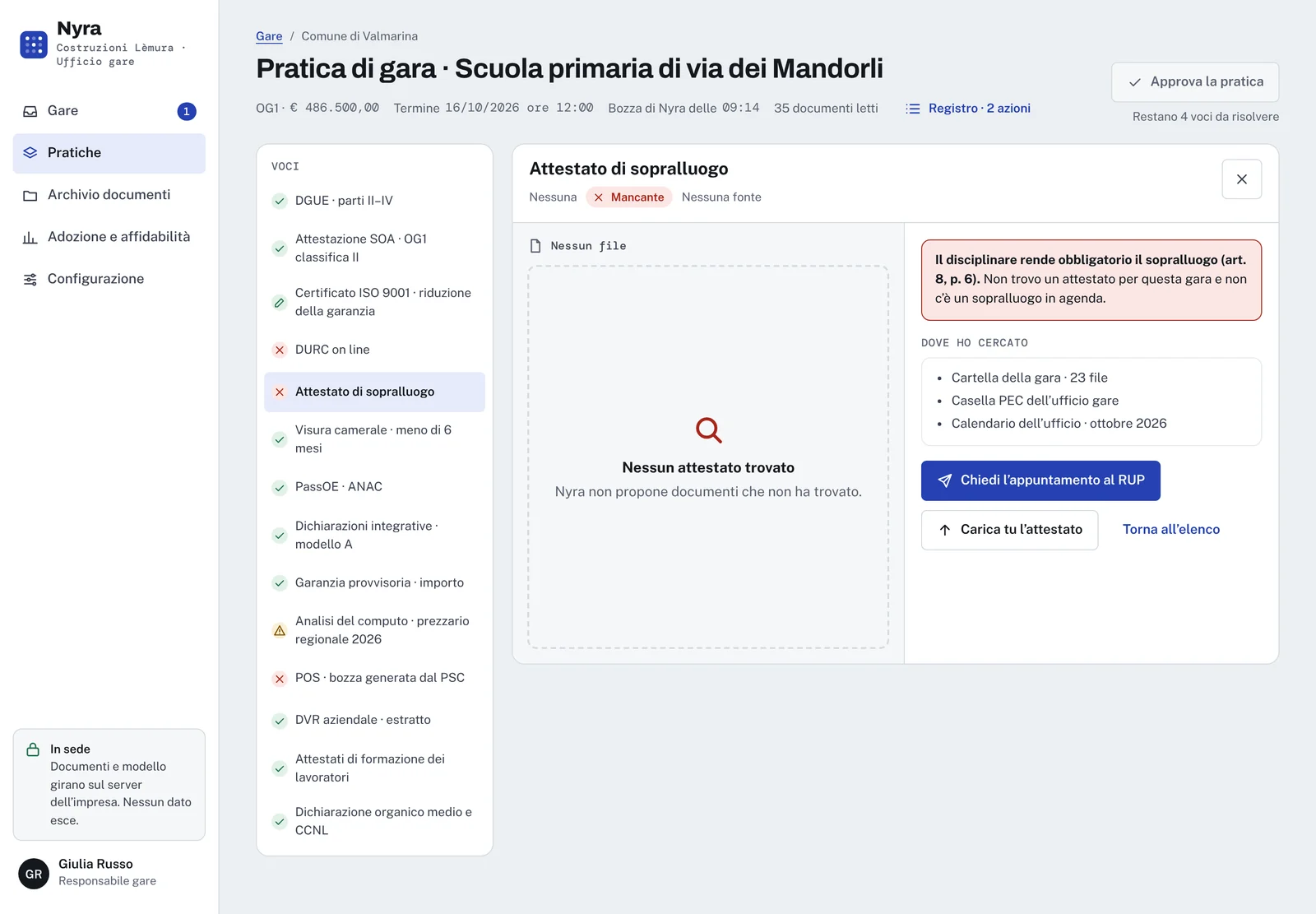 Voce senza documento: nessun attestato trovato, l’articolo del disciplinare che lo rende obbligatorio e i luoghi dove il sistema ha cercato.