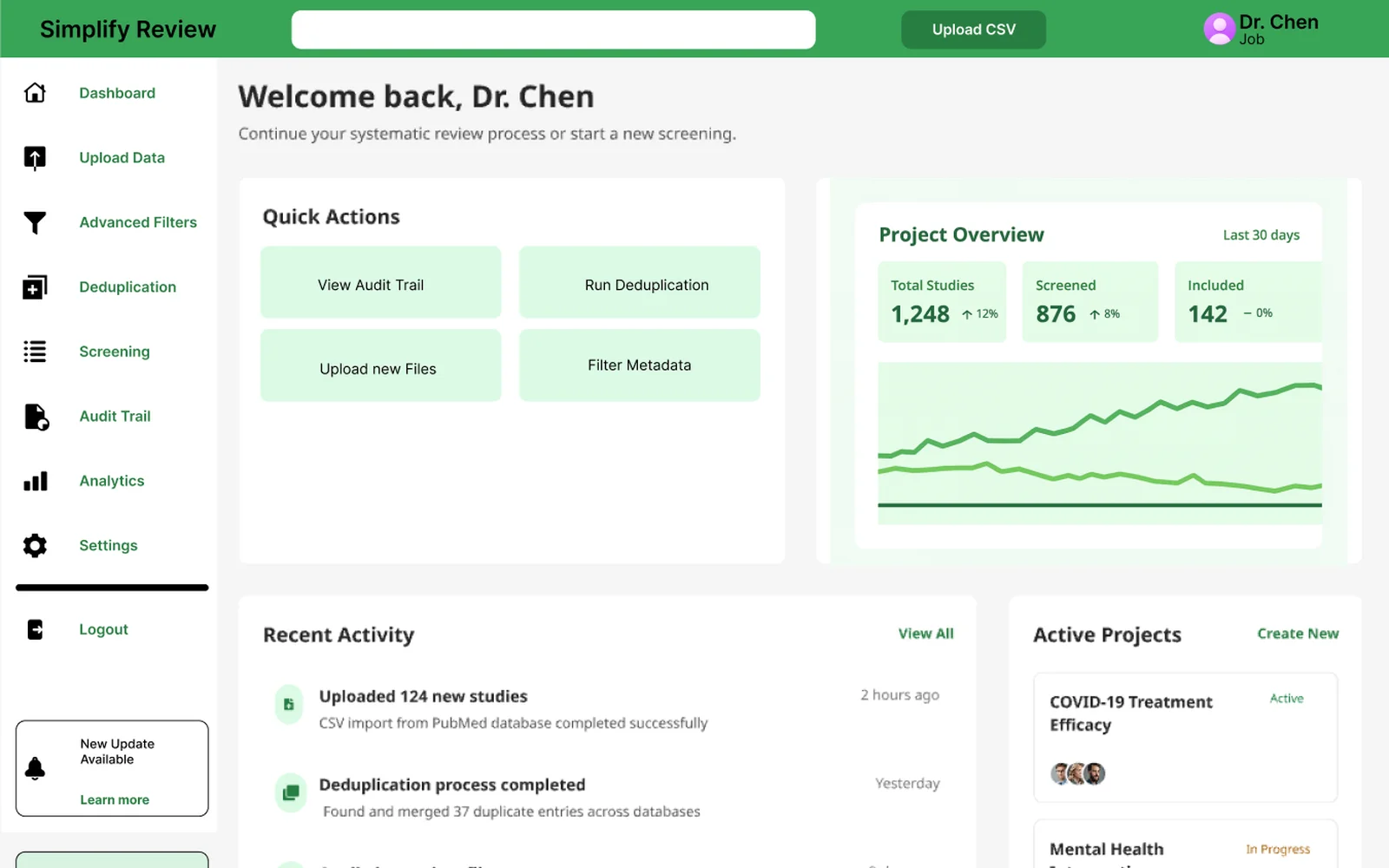Dashboard del prototipo di tesi con intestazione verde e card di riepilogo.