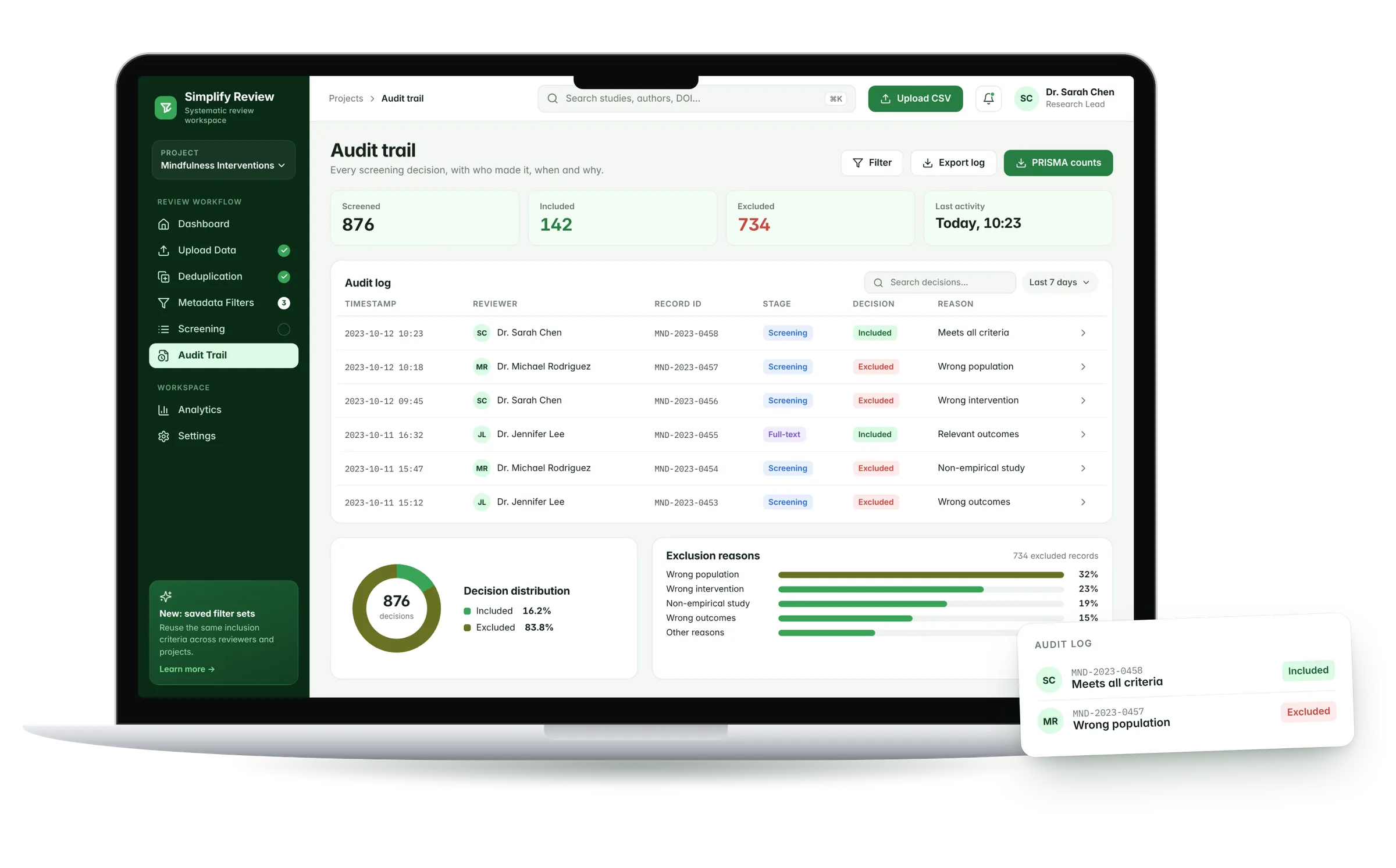 Schermata Audit trail su un portatile: contatori, registro delle decisioni con revisore e motivazione e grafici, con due voci del registro in primo piano.