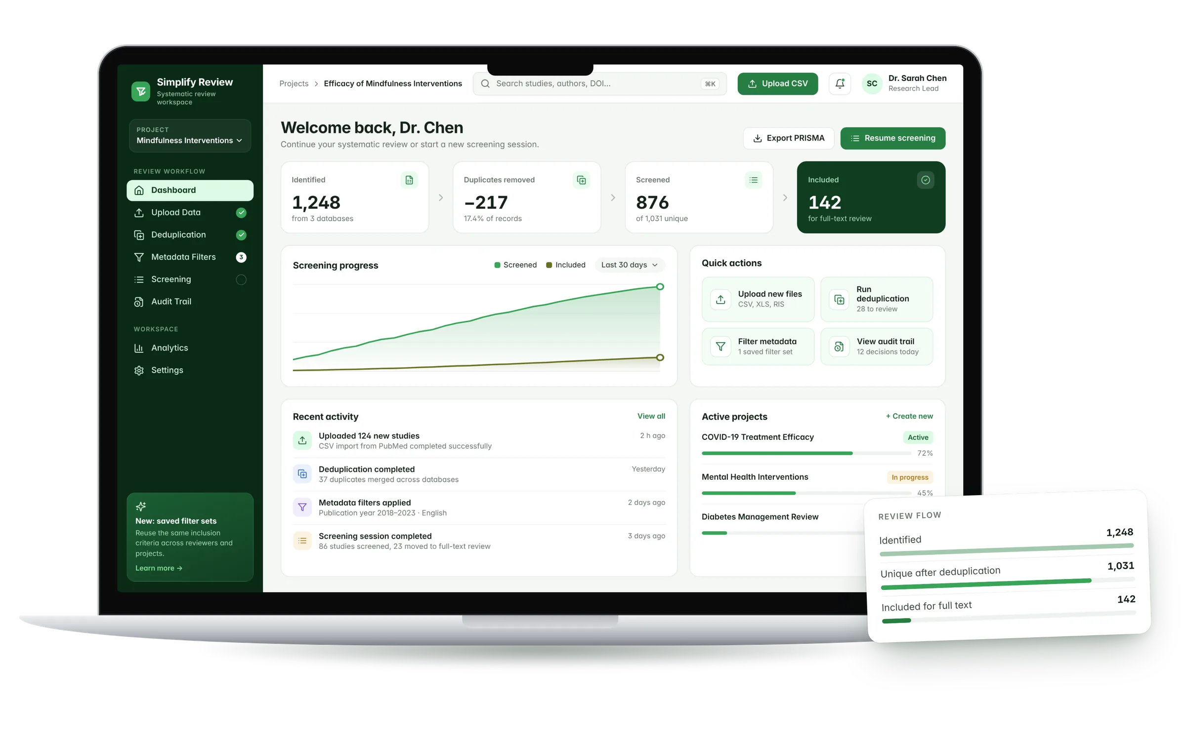 Mockup della dashboard di Simplify Review su un portatile: contatori del flusso di revisione, grafico di avanzamento dello screening, attività recenti e progetti attivi, con il riepilogo del flusso in primo piano.