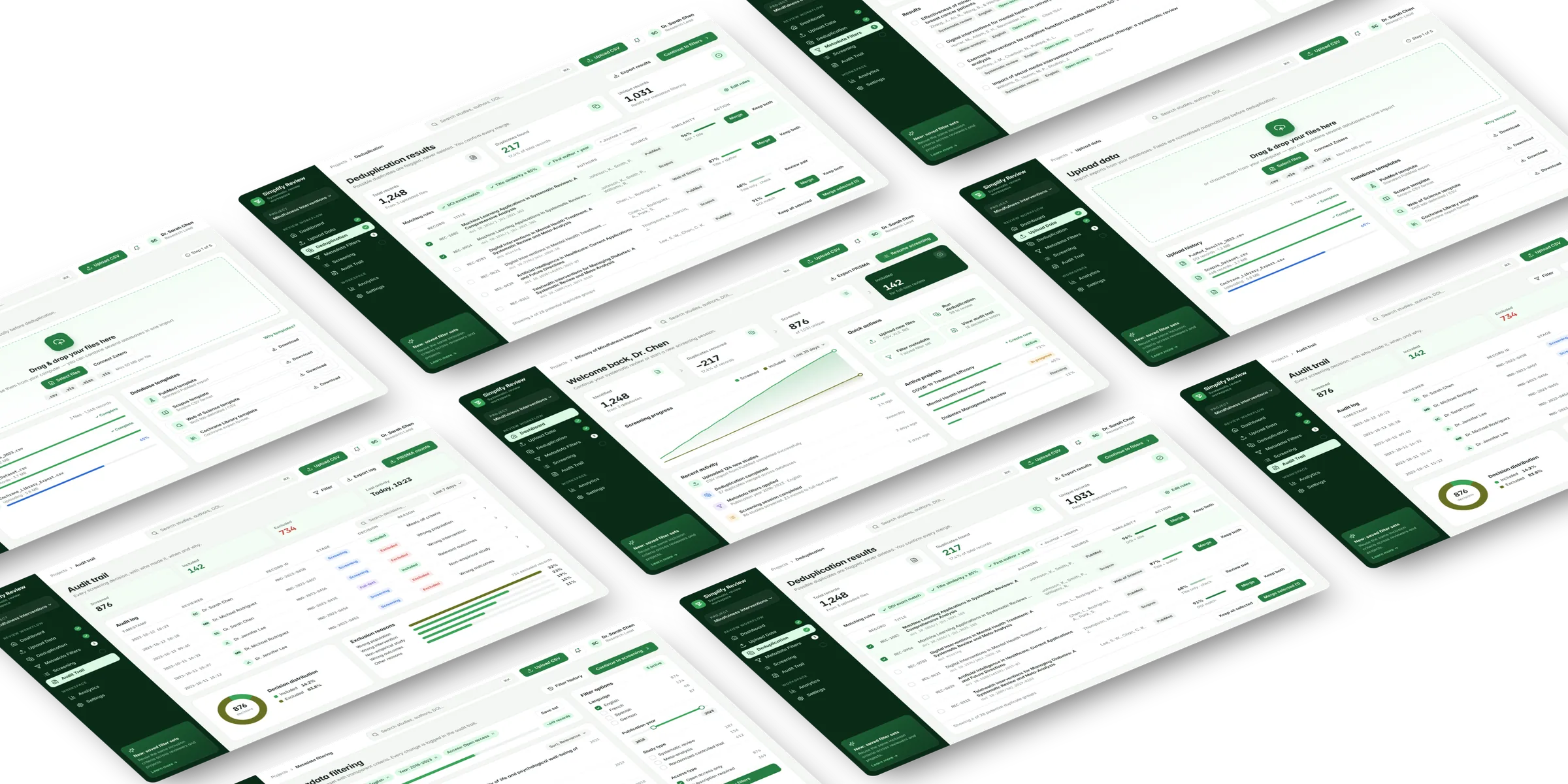 Vista isometrica delle schermate di Simplify Review affiancate su sfondo verde scuro.