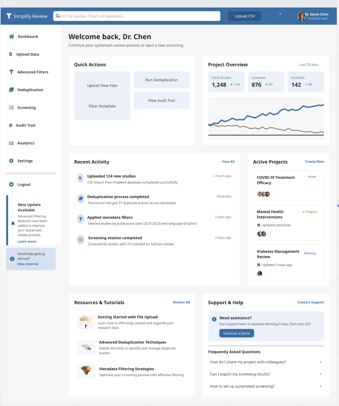 Wireframe su Miro della dashboard, con barra laterale, azioni rapide e panoramica del progetto in blu.
